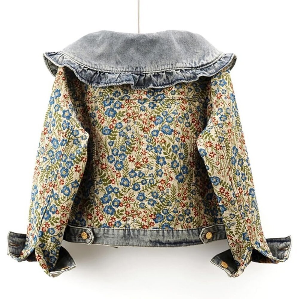 Women’s Sweet Peter Pan Collar S-2XL Long Sleeve Jacquard Denim Jacket Blue - Picture 4 of 6